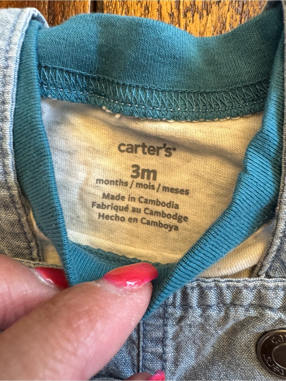 Carters Light Blue Denim Shortall with Orange Sleeve Tee 3M - Picture 3 of 4
